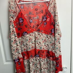 Free People Isabella Long sleeve Red and Floral Patchwork tiered tunic top